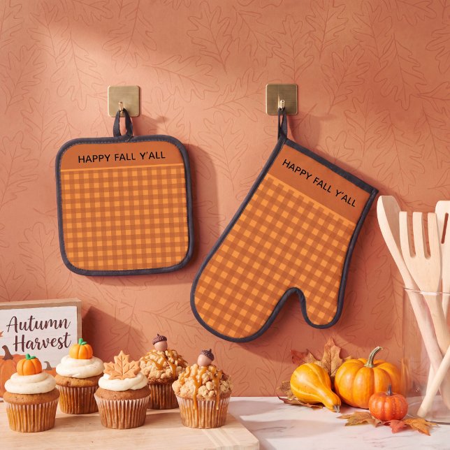Classic Pumpkin Fall Autumn Gingham Plaid Check Oven Mitt & Pot Holder Set (Creator Uploaded)