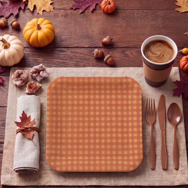 Classic Pumpkin Fall Autumn Gingham Plaid Check Paper Plate (Creator Uploaded)