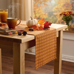 Classic Pumpkin Fall Autumn Gingham Plaid Check Short Table Runner