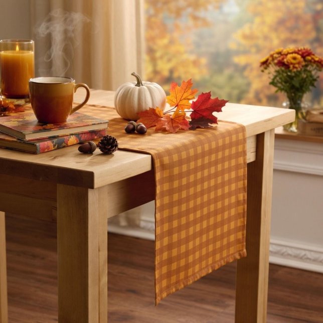 Classic Pumpkin Fall Autumn Gingham Plaid Check Short Table Runner (Creator Uploaded)