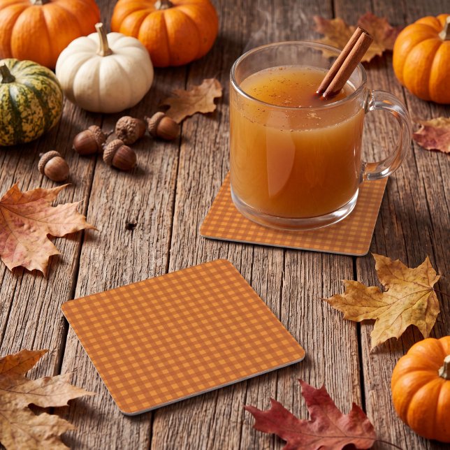 Classic Pumpkin Fall Autumn Gingham Plaid Check Square Paper Coaster (Creator Uploaded)