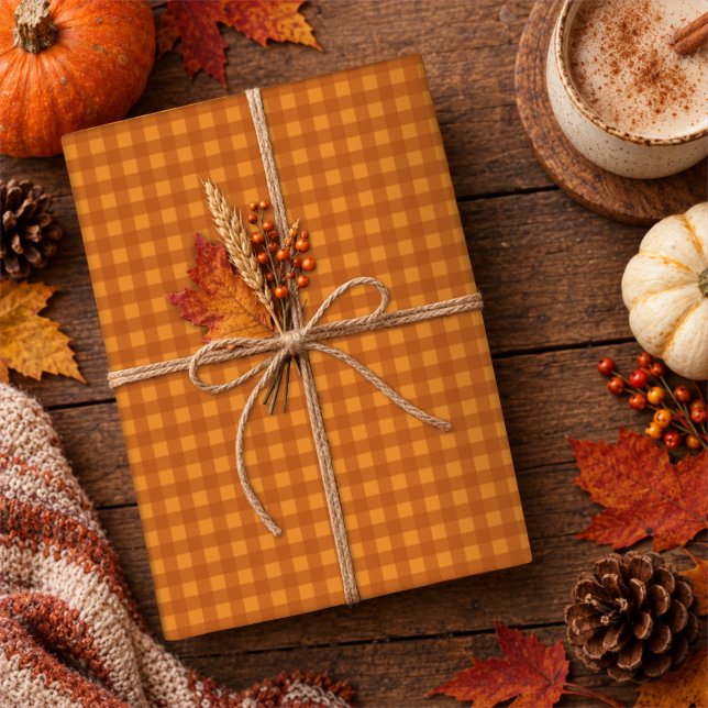Classic Pumpkin Fall Autumn Gingham Plaid Check Wrapping Paper (Creator Uploaded)