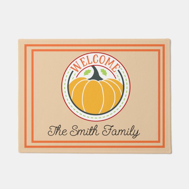 Classic Pumpkin Family Name Orange White Welcome Doormat (Front)