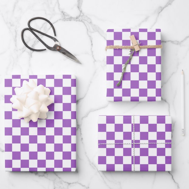 Classic Purple and White Chequered Pattern Wrapping Paper Sheet (Front)