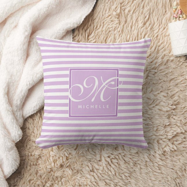 Classic Purple and White Striped - Script Monogram Cushion (Blanket)
