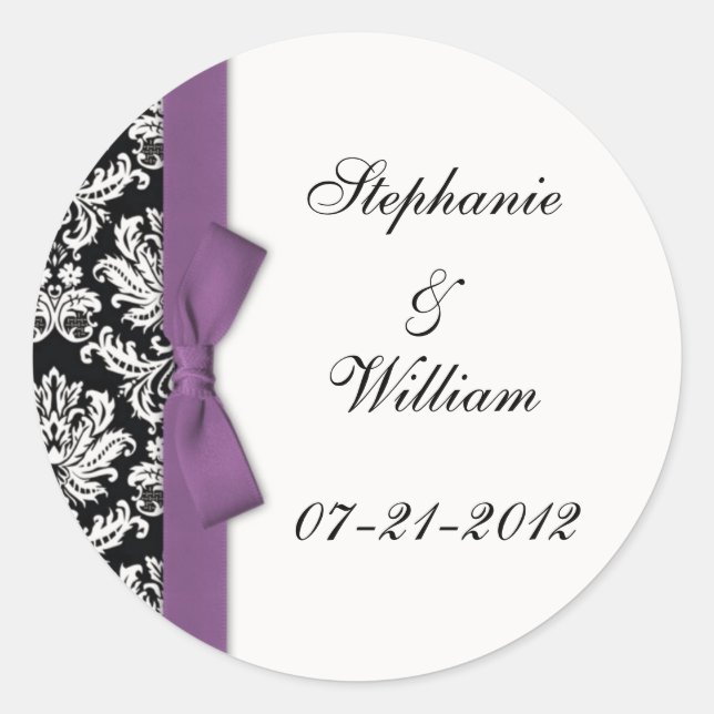 Classic Purple Damask Wedding Label (Front)