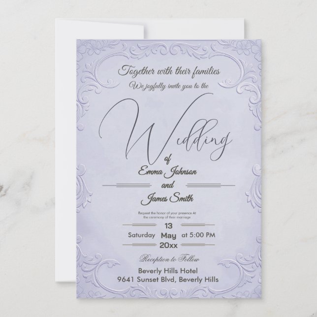 Classic Purple Embossed Floral Wedding Invitation (Front)