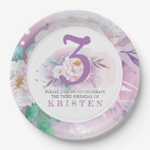 Classic purple floral birthday party paper plate