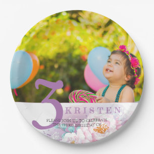Classic purple floral photo birthday party paper plate