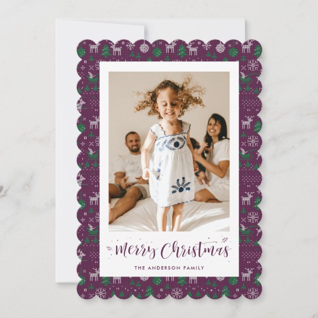 Classic Purple Green Photo Merry Christmas Card (Front)