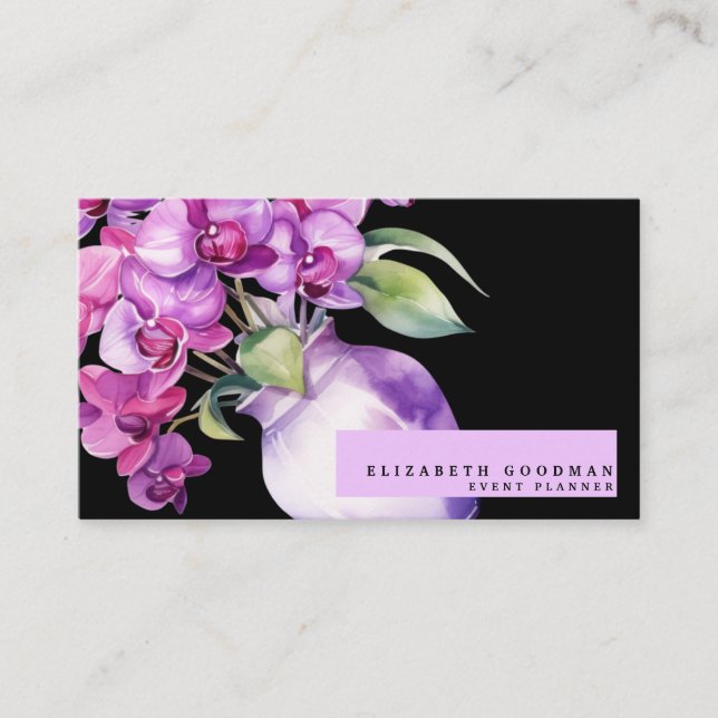 Classic Purple Orchids Black Business Cards (Front)