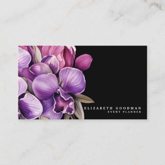 Classic Purple Orchids Black Business Cards (Front)