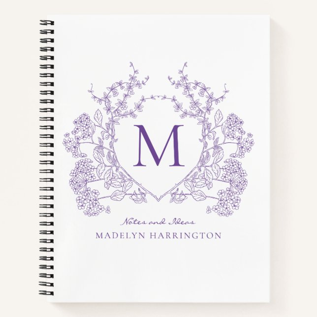 Classic Purple Violet Floral Crest Monogram Notebook (Front)