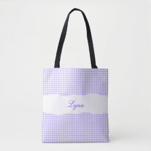 Classic Purple & White Gingham   Personalized Name Tote Bag