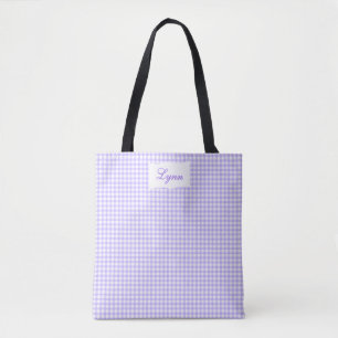 Classic Purple & White Gingham Personalized Name Tote Bag