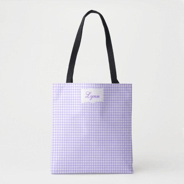 Classic Purple & White Gingham | Personalized Name Tote Bag (Front)