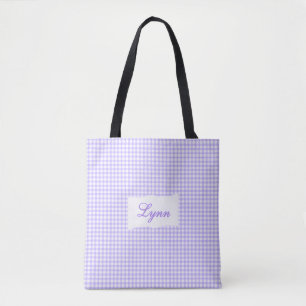 Classic Purple & White Gingham Personalized Name Tote Bag