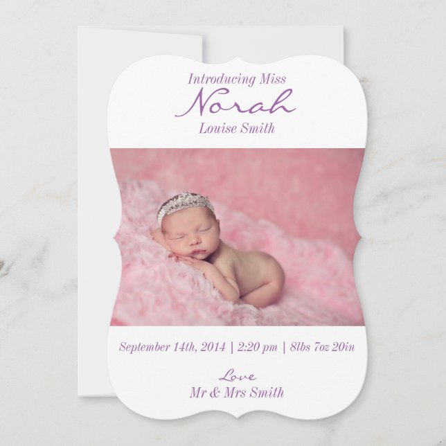 Classic Purple&White Polka Dot Birth Announcement (Front)