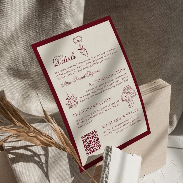 Classic QR Code Wedding Details Deep Red Old Money Enclosure Card (Creator Uploaded)