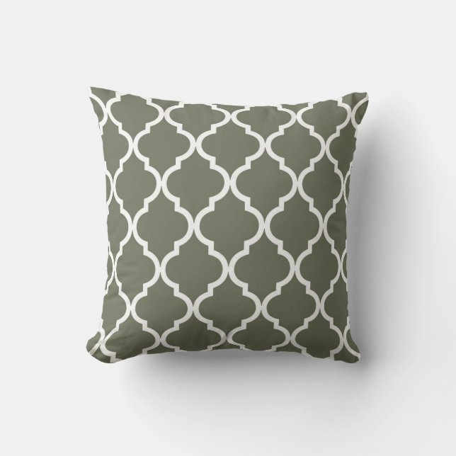 Classic Quatrefoil Pattern Olive Green and White Cushion (Front)