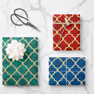 Classic Quatrefoil Red Gold Green Blue Holiday Wrapping Paper Sheet