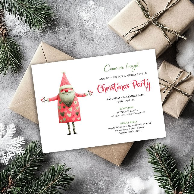 Classic Quirky Santa Red Green Christmas Party  Invitation (Classic Quirky Santa Red Green Christmas Party Card)