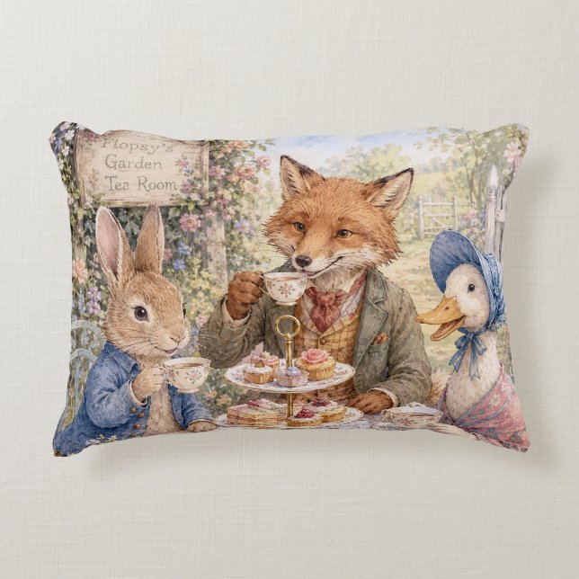 Classic Rabbit Duck Fox Afternoon Tea Time Decorative Cushion (Front)
