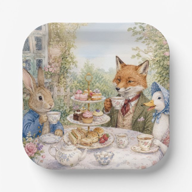 Classic Rabbit Duck Fox Afternoon Tea Time Paper Plate (Front)