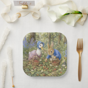 Classic Rabbit & Duck gathering wild strawberries Paper Plate