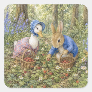 Classic Rabbit & Duck gathering wild strawberries Square Sticker