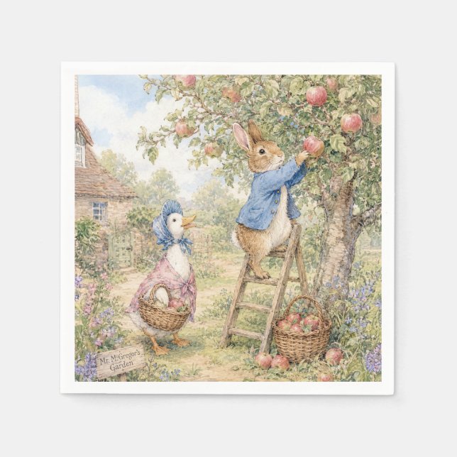 Classic Rabbit Duck picking apples Napkin (Front)