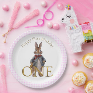 Classic Rabbit First Birthday Pink Check Pattern Paper Plate
