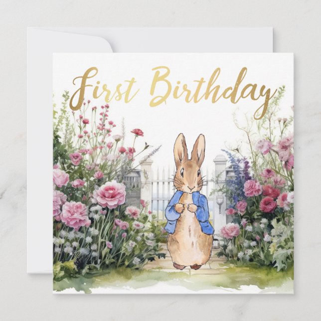 Classic Rabbit garden 1st Birthday Card (Front)