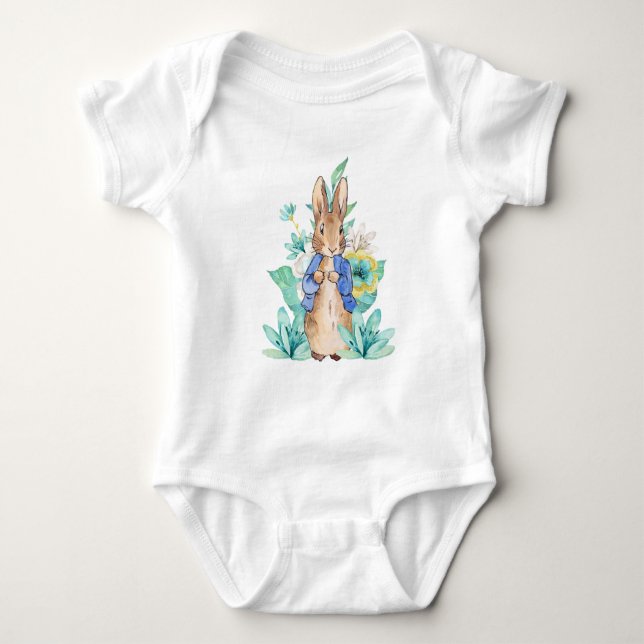 Classic rabbit in blue jacket baby bodysuit (Front)