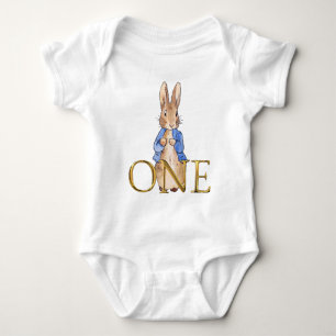 Classic Rabbit in blue jacket First Birthday Baby Bodysuit