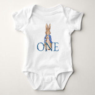 Classic Rabbit in blue jacket First Birthday Baby Bodysuit