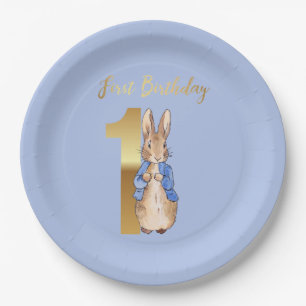 Classic Rabbit in blue jacket First birthday Paper Plate