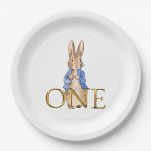 Classic Rabbit in blue jacket First Birthday Paper Plate