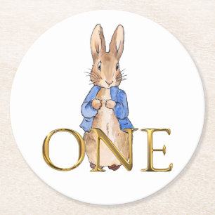 Classic Rabbit in blue jacket First Birthday Round Paper Coaster