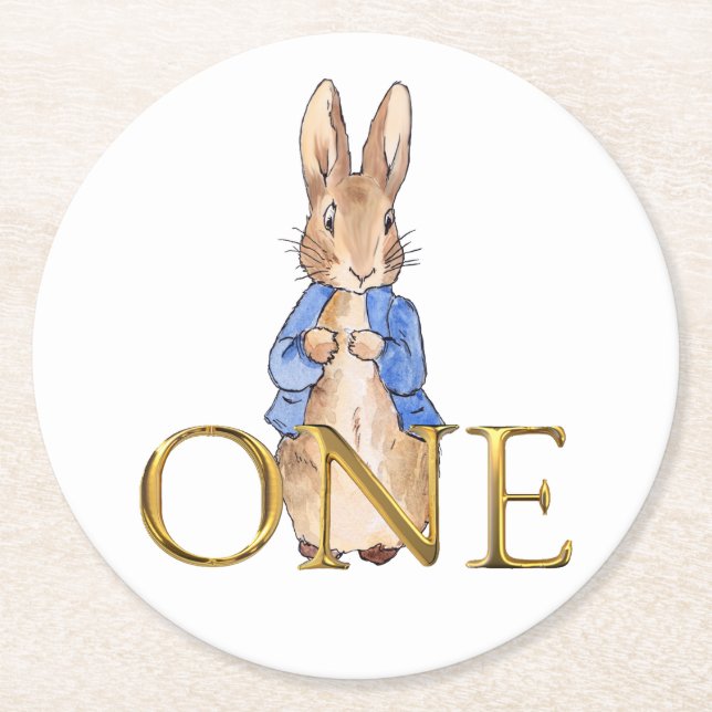 Classic Rabbit in blue jacket First Birthday Round Paper Coaster (Front)