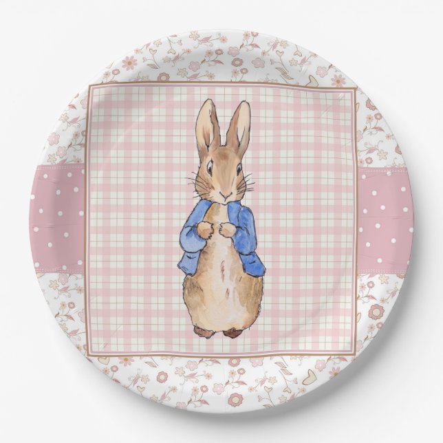 Classic rabbit pink check background paper plate (Front)