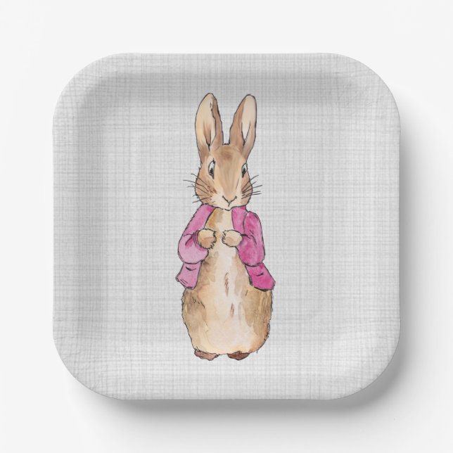 Classic Rabbit Pink Jacket Grey Linen    Paper Plate (Front)