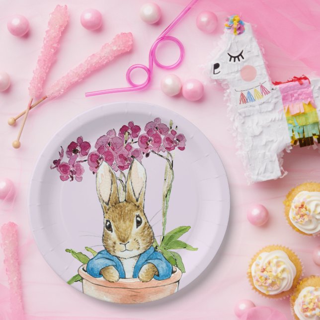 Classic rabbit sitting in plant pot paper plate (Party)