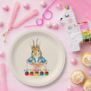 Classic rabbit sitting in plant pot paper plate