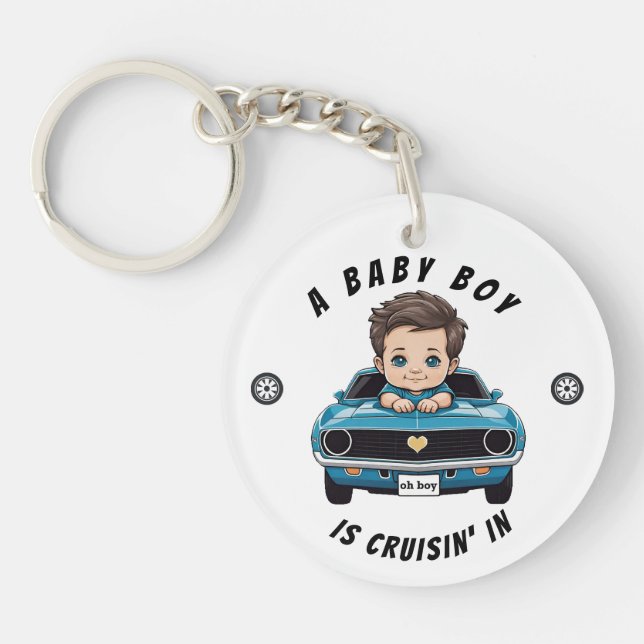Classic Race Car Baby Boy Cruisin' In Shower Key Ring (Front)