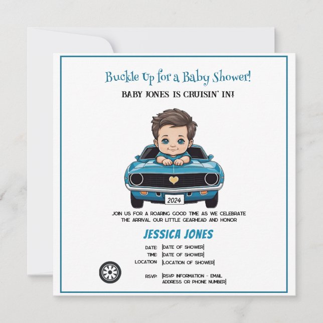 Classic Race Car Baby Boy Cruisin' In Shower Save The Date (Front)