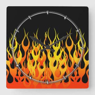 Classic Racing Flames on Solid Black Square Wall Clock