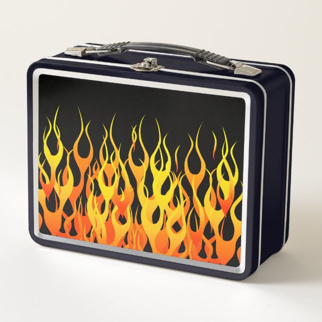 Classic Racing Flames Pin Stripes on Black Metal Lunch Box (Front)