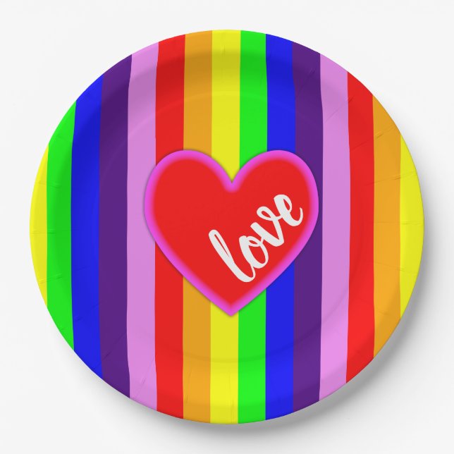 Classic Rainbow Stripes with Heart Colourful Paper Plate (Front)