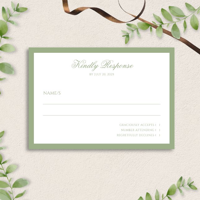 Classic Real Sage Green Border Script Wedding  RSVP Card (Creator Uploaded)